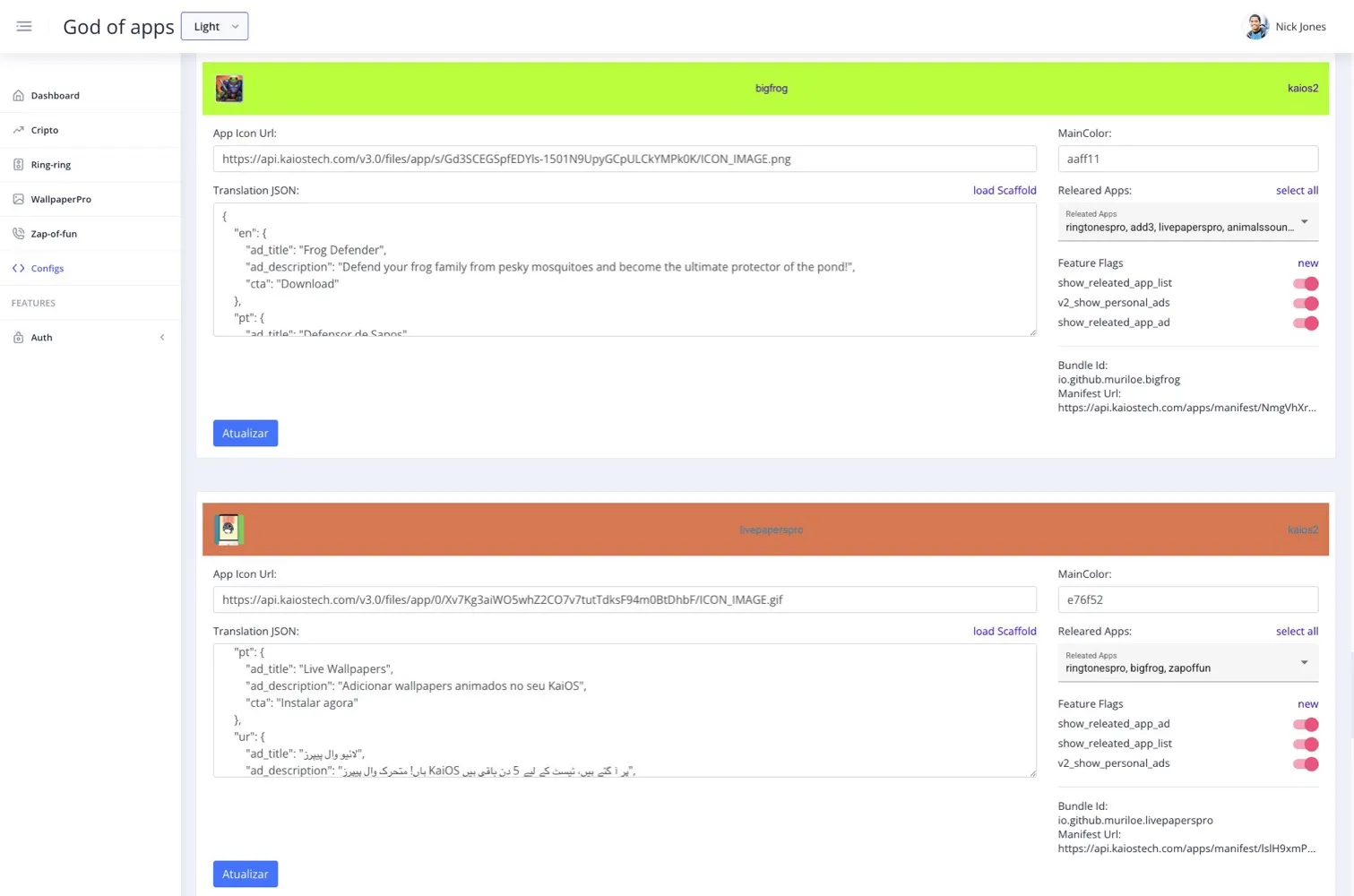 App registry with feature flags and ad copy per language