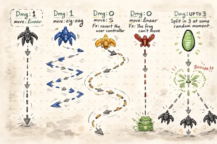Enemy design sheet — each fly's damage, movement, and effect
