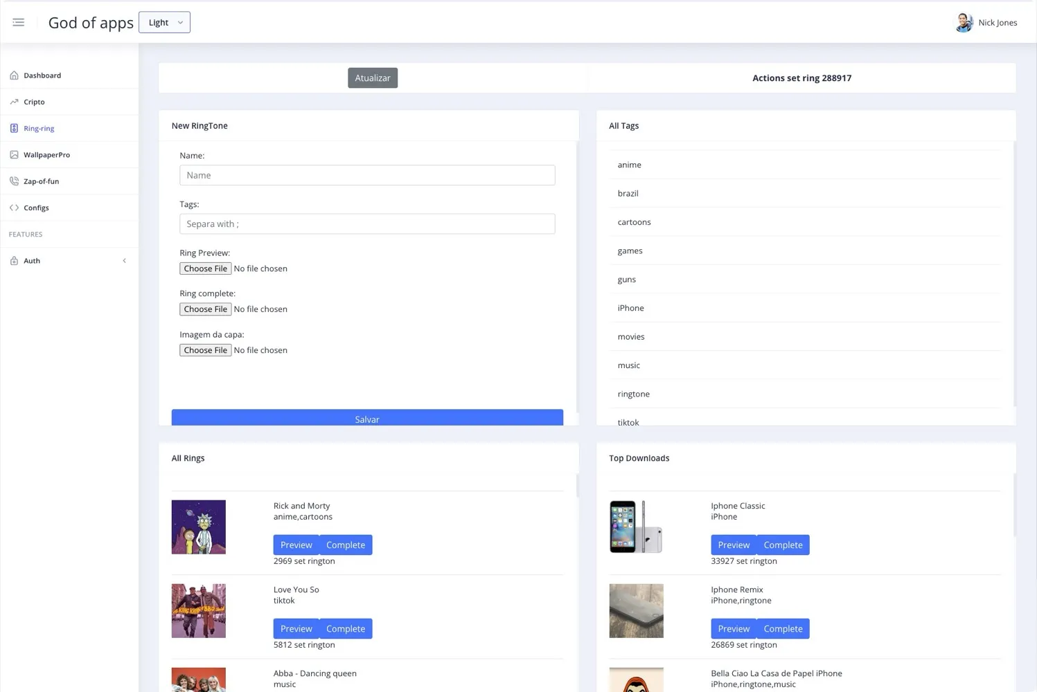 Ringtones panel — upload covers, tags, and previews