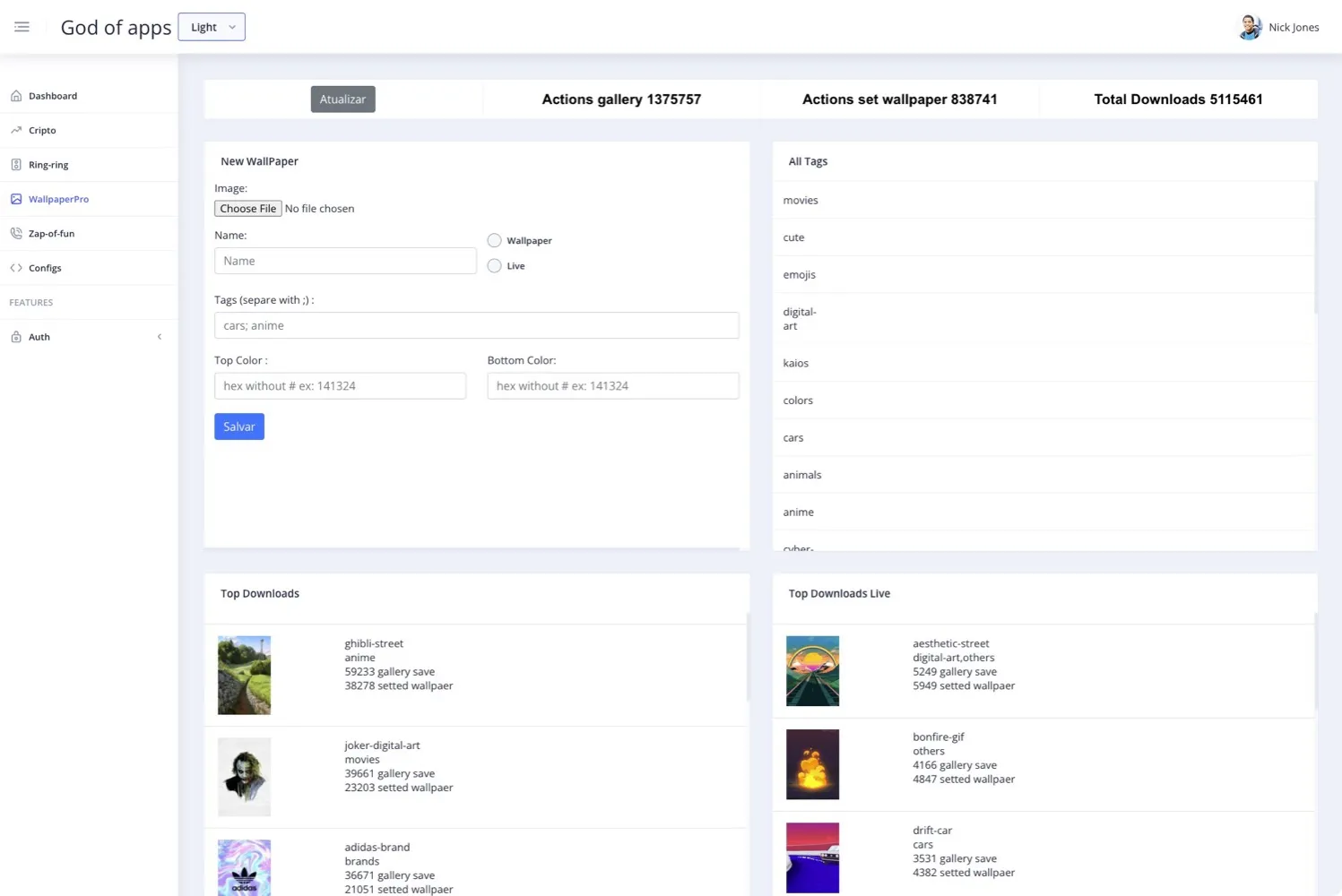 Wallpapers and Livepapers panel